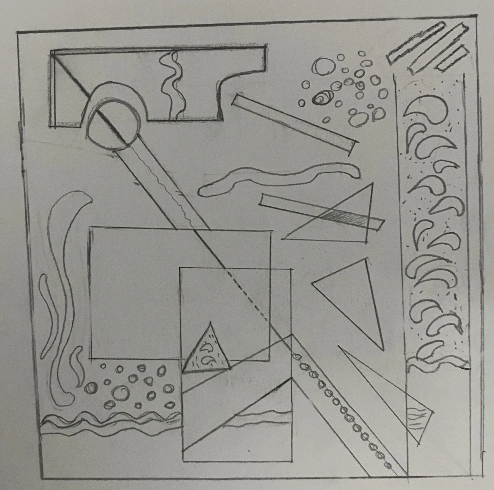 Pencil layout of an abstract composition with shapes and lines