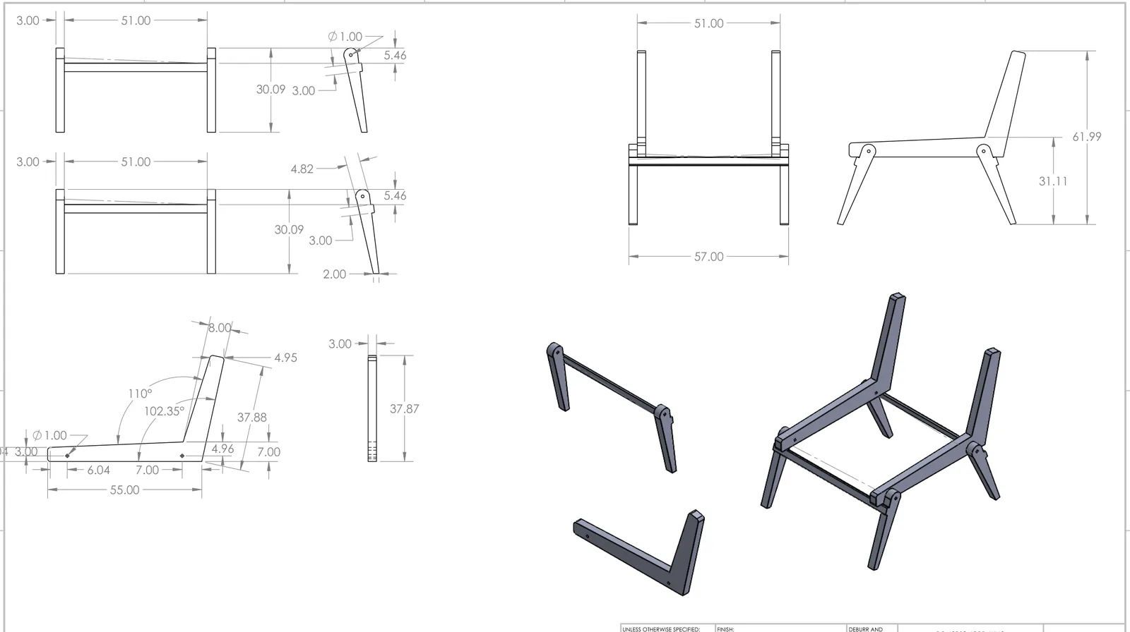 Technical drawing of the folding chair with exploded views