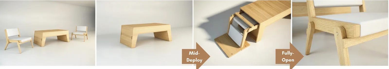 Four images showing the table closed, a chair halfway out and both chairs fully open