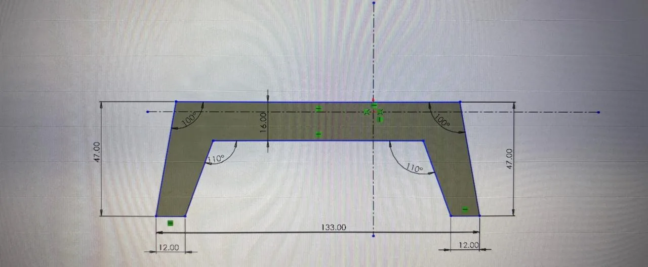 SolidWorks sketch of the table side profile with dimensions and angles
