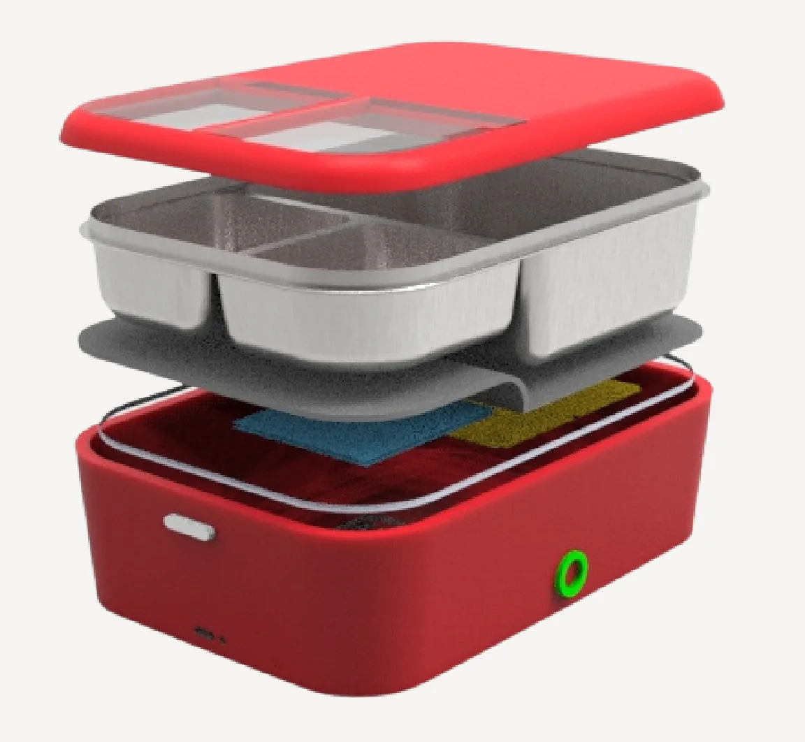Exploded render: lid, steel tray, heating plate and red base