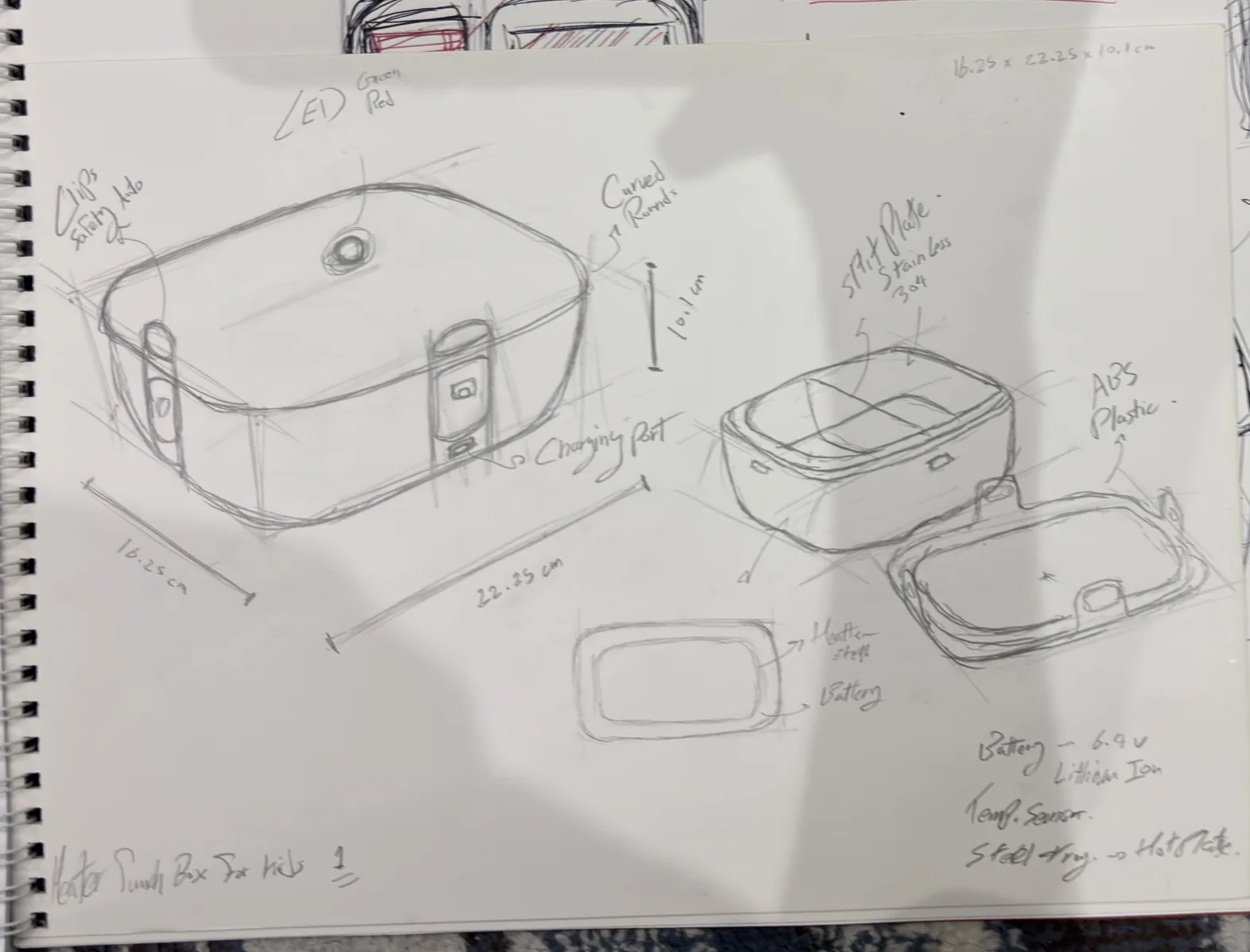 Pencil sketch of a box concept with clip locks, steel tray and battery