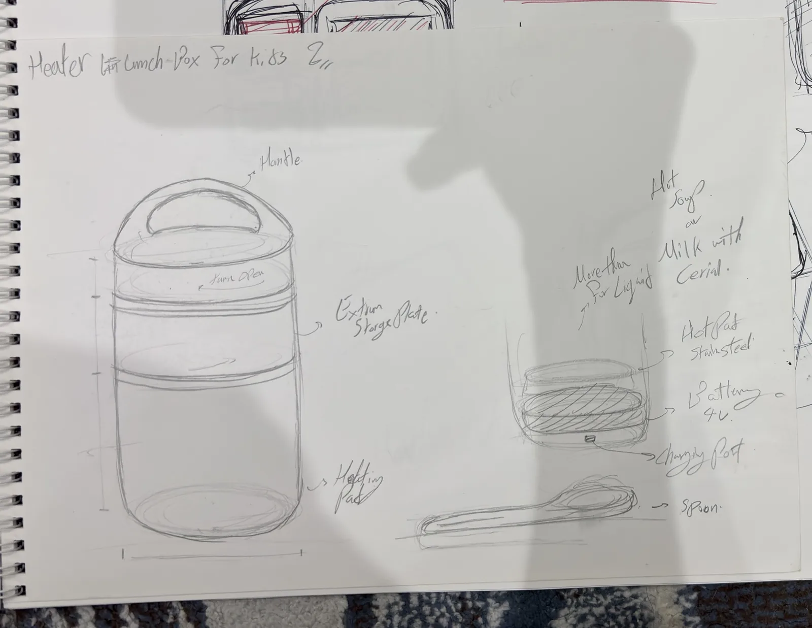 Pencil sketch of a round food jar concept with handle, heating pad, battery and spoon