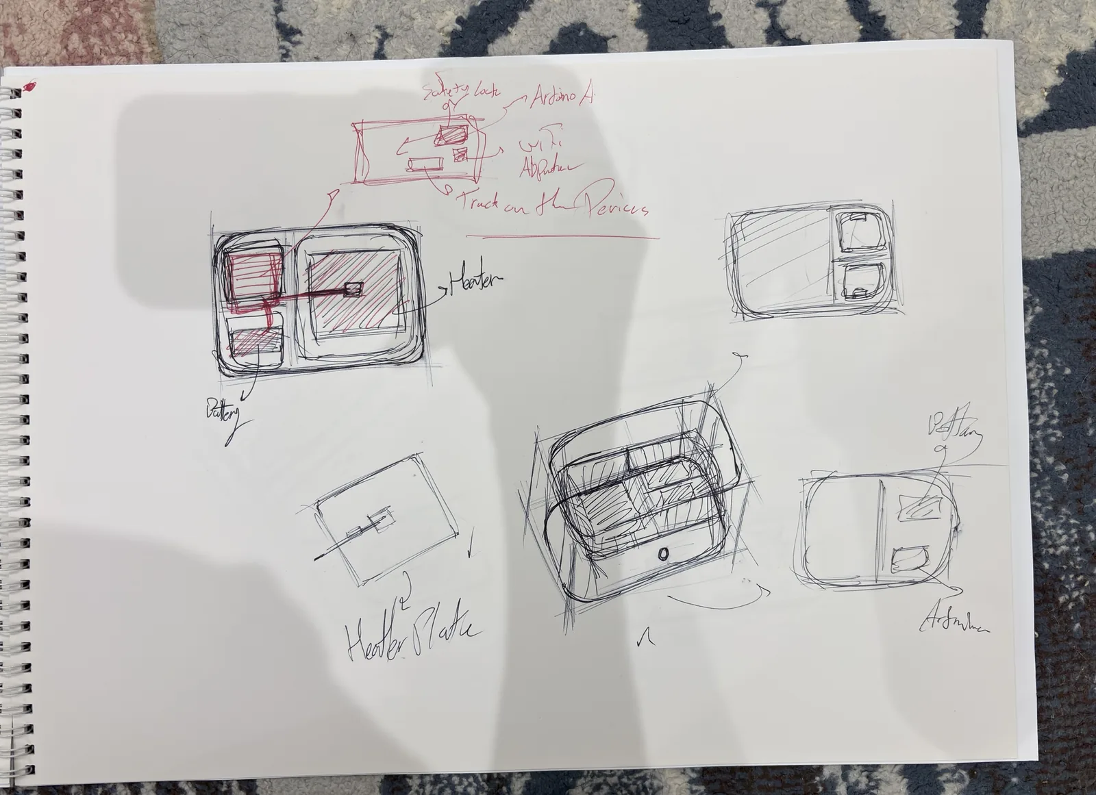 Pen sketch of the internals: battery, heater plate, Arduino and Wi-Fi module