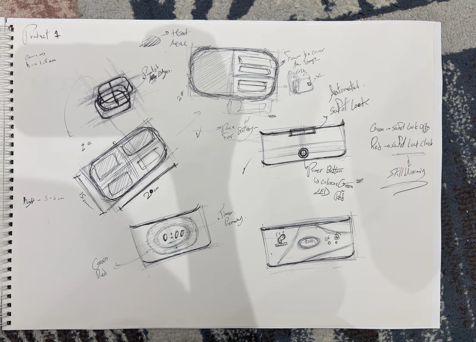 Pen sketches of the chosen box: layout, LED lock, power button and timer