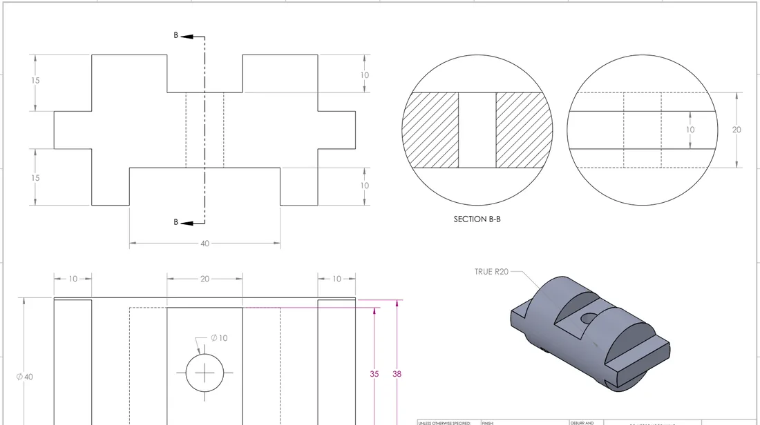 Technical drawing of a stepped block with three views and an isometric view