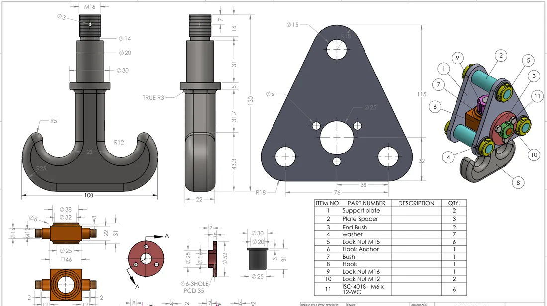 Colored assembly drawing of a feed check valve with a parts list