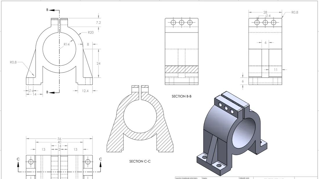 Technical drawing of a pillow block bearing housing with sections