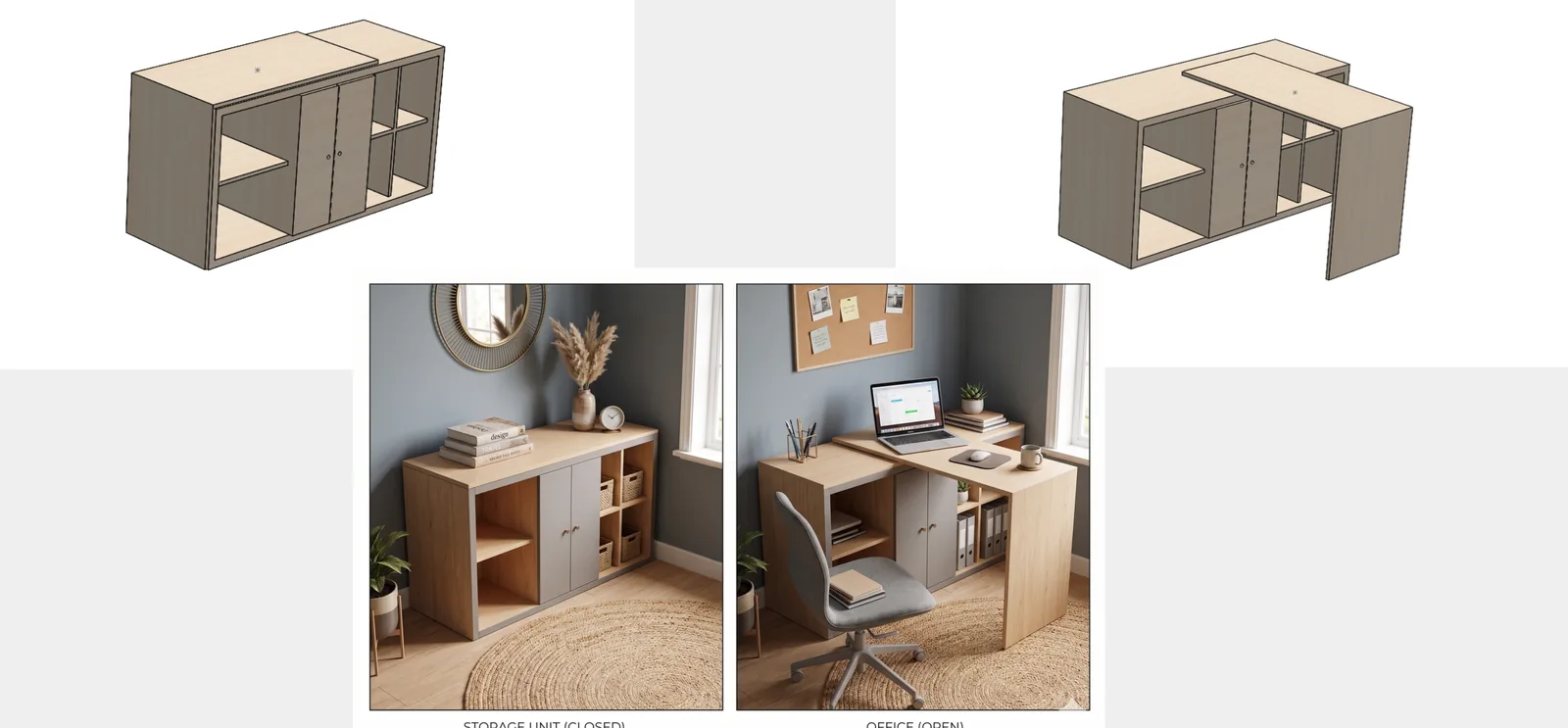 Rotating Desk: A storage unit that turns into a desk.
