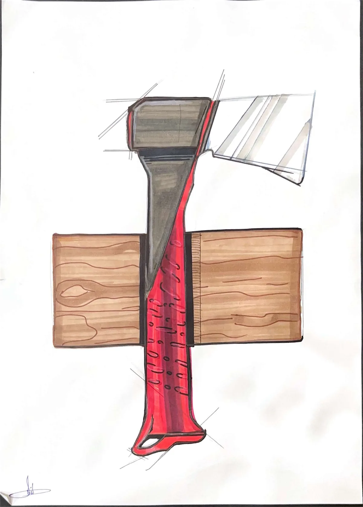 Marker render of an axe stuck in a block of wood
