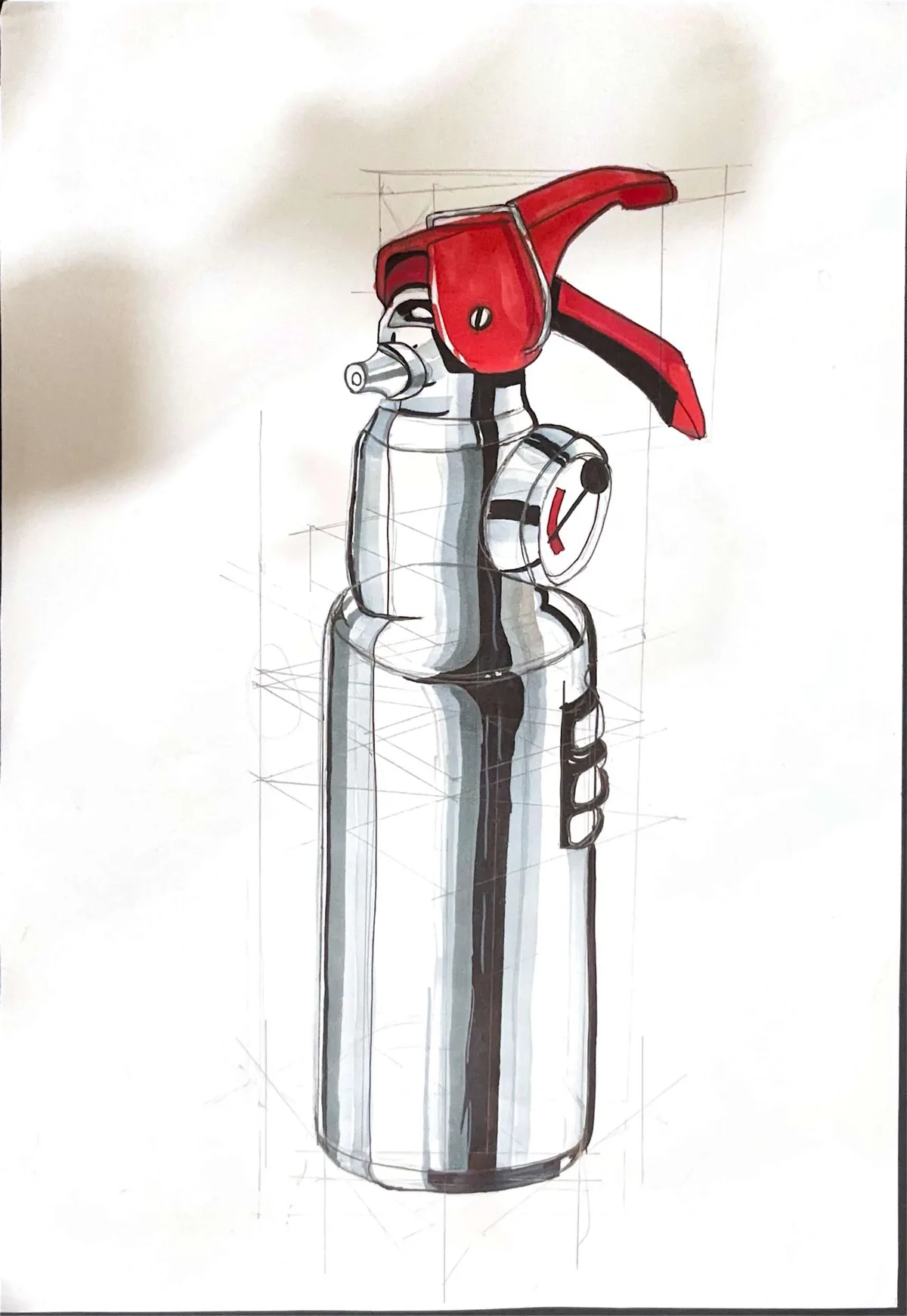 Marker render of a chrome fire extinguisher with a red handle