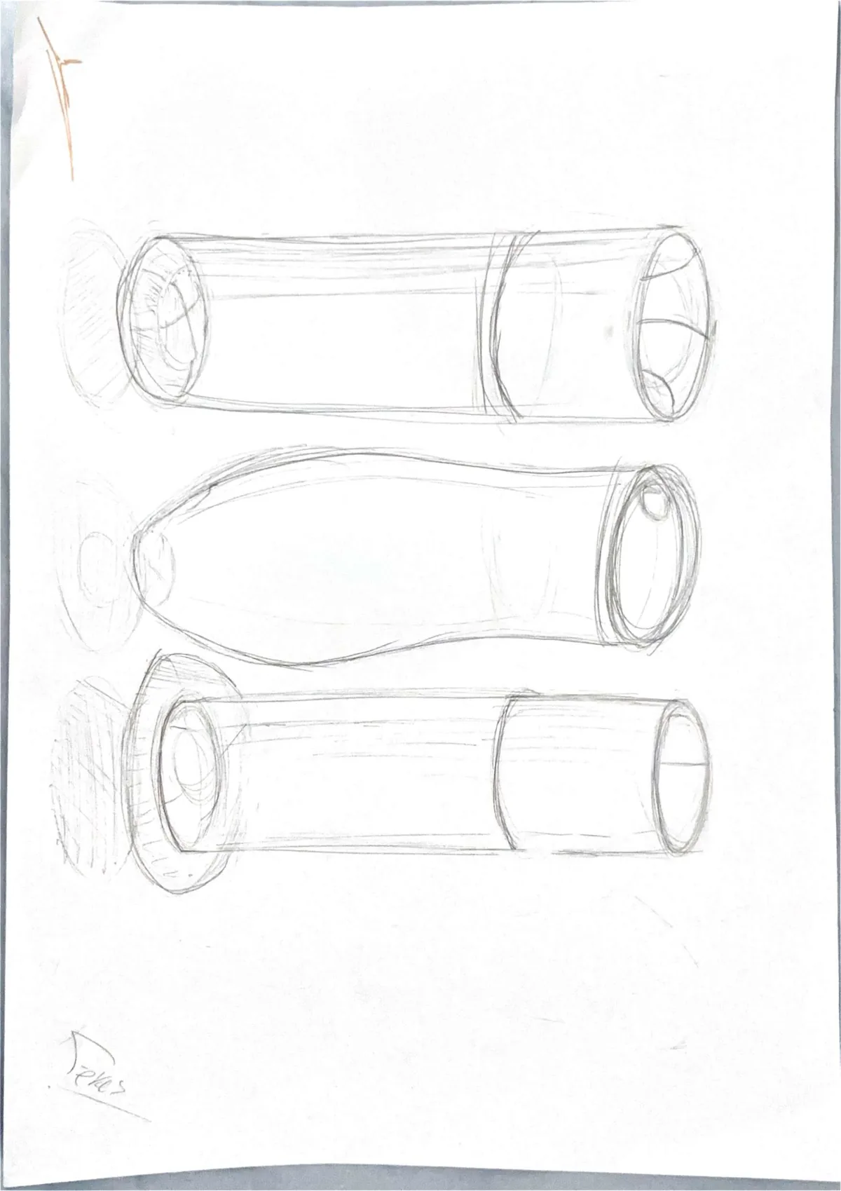 Pencil construction sketches of cylinders