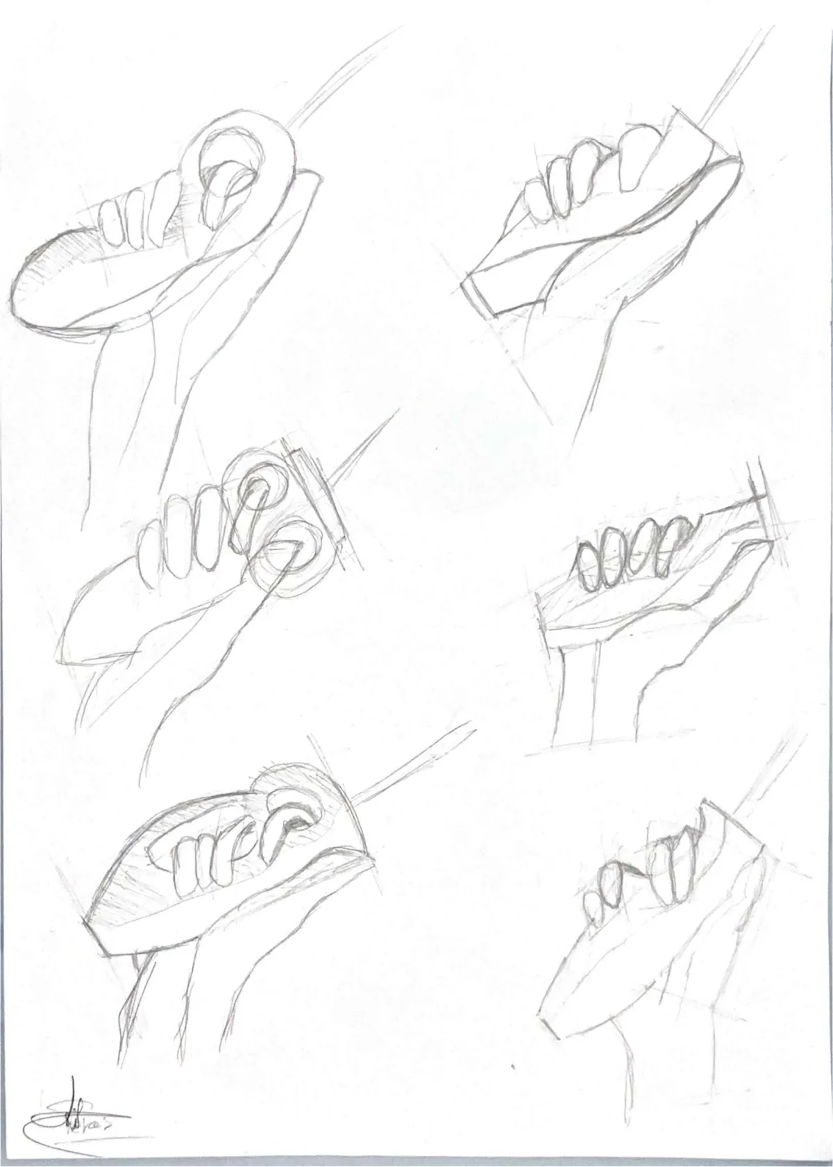 Pencil sketches of hands gripping handles