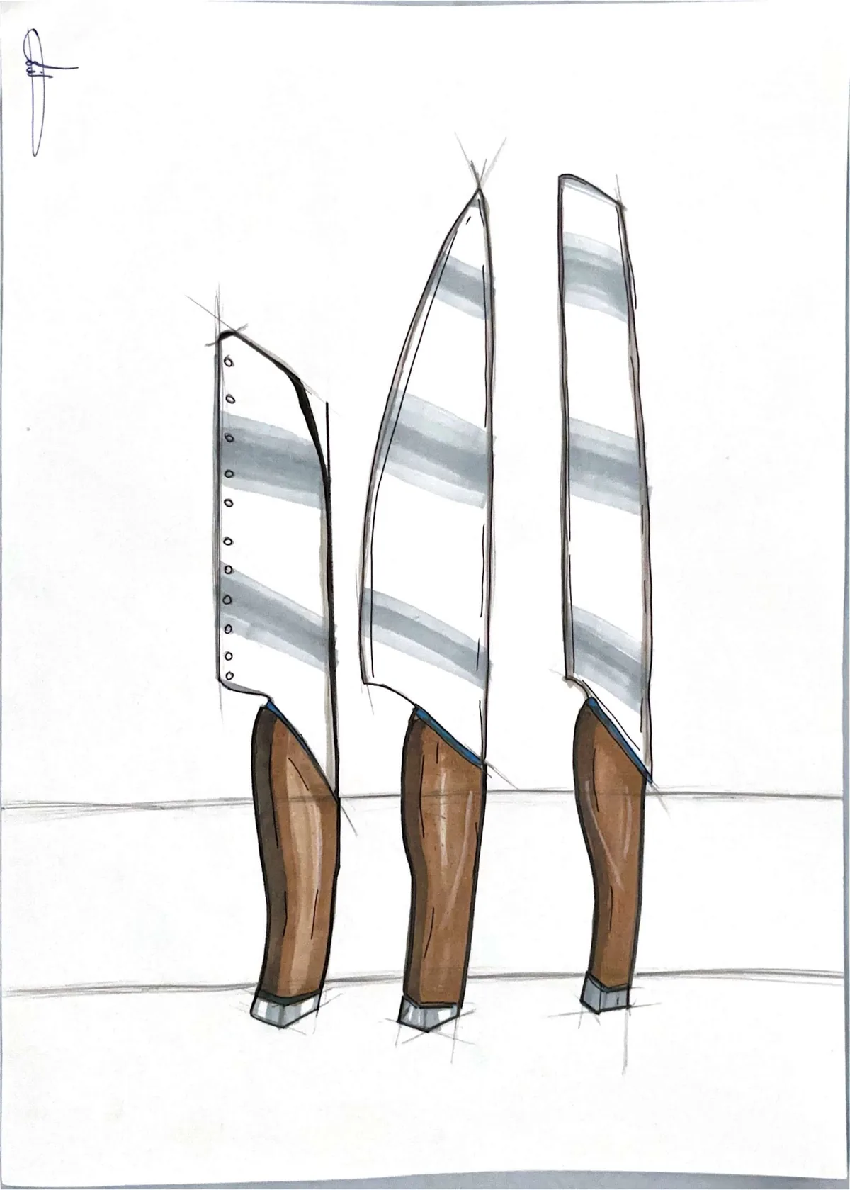 Marker render of three kitchen knives with wooden handles
