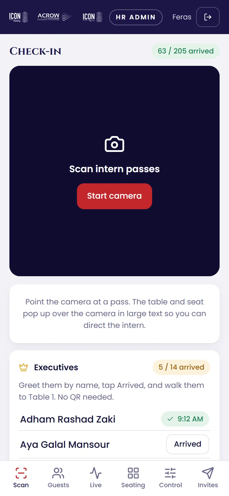 HR check-in screen with camera scanner and executives list