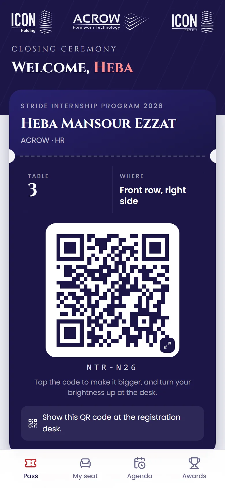 Guest pass screen with table number and QR code