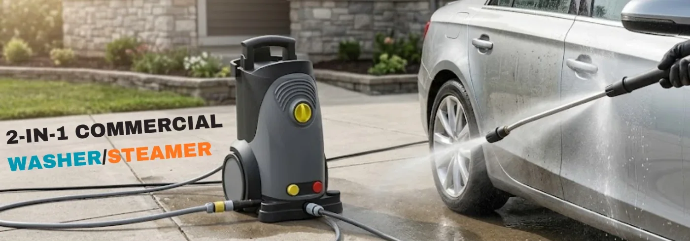 The washer next to a car being sprayed with water