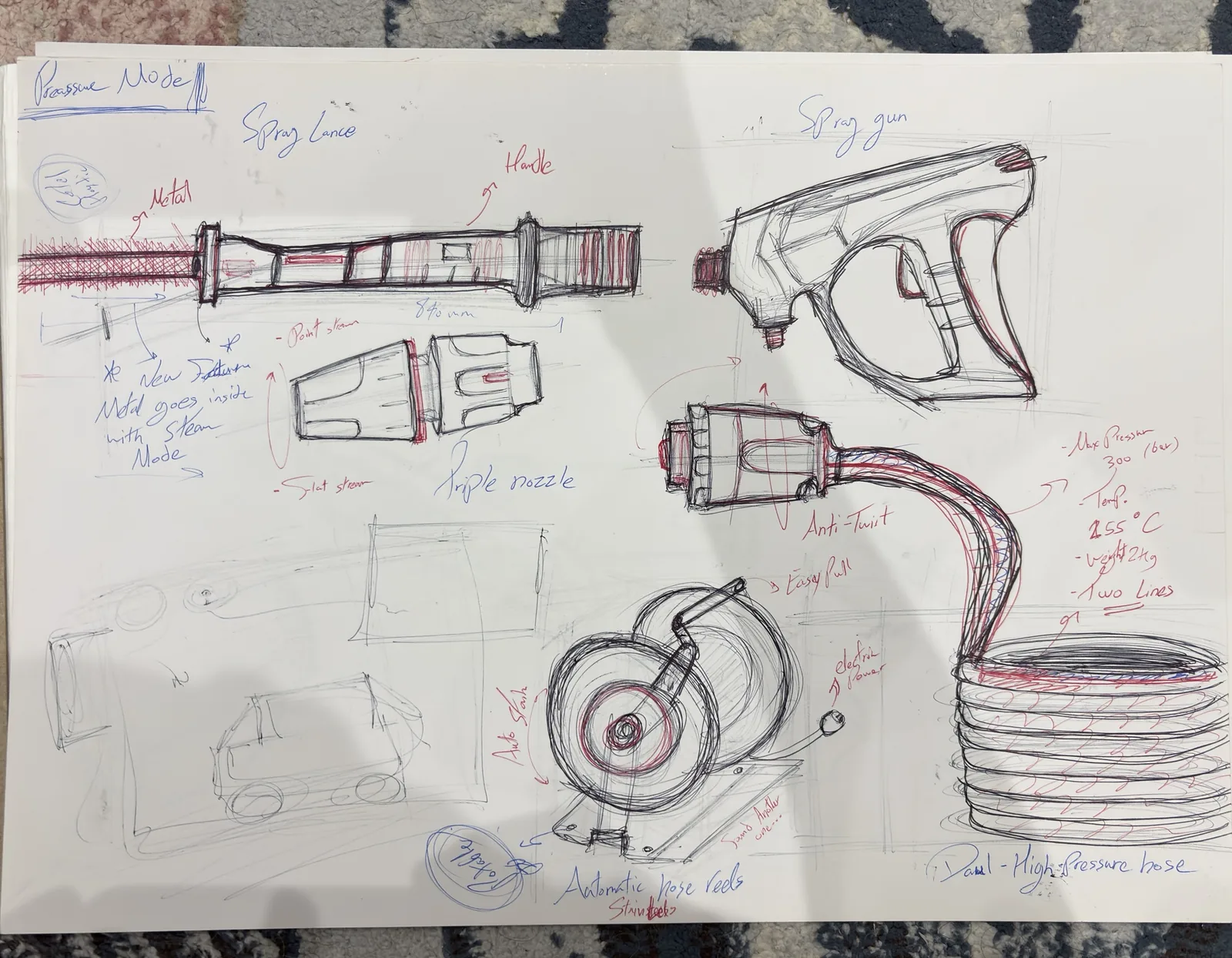 Pen sketch page of pressure mode parts: lance, spray gun, triple nozzle, hose and reel
