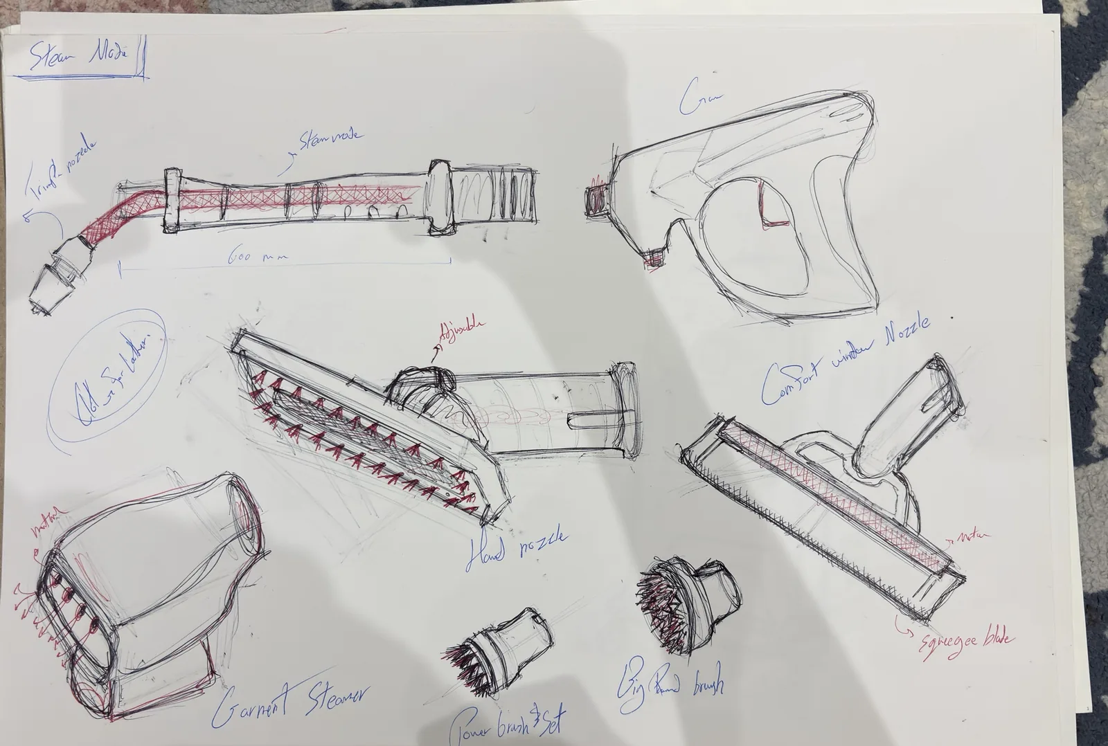 Pen sketch page of steam mode attachments: nozzles, brushes, squeegee and garment steamer